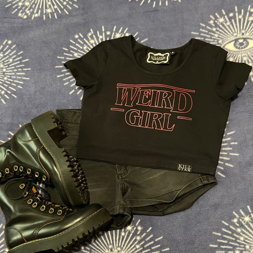 Killstar weird girl black cropped T-shirt crop top small s euc short sleeve